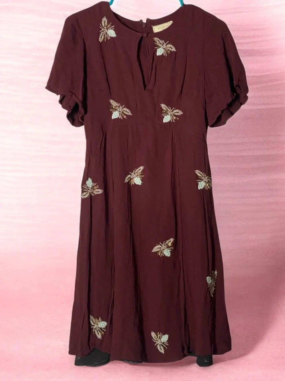 Moulinette Soeurs Anthropologie Embroidered Bee Silk Blend Dress Burgundy Size 2
